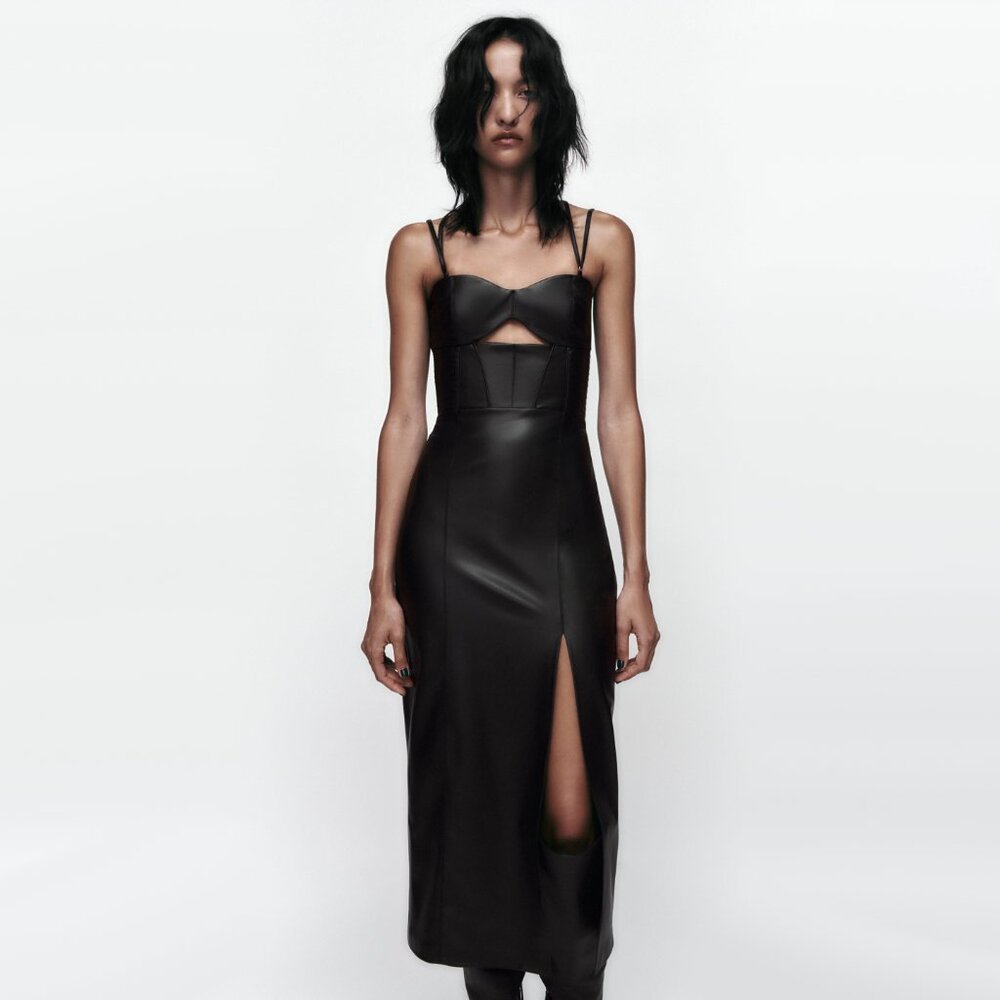 Zara Topstitched Black Faux Leather Midi Dress NWT
